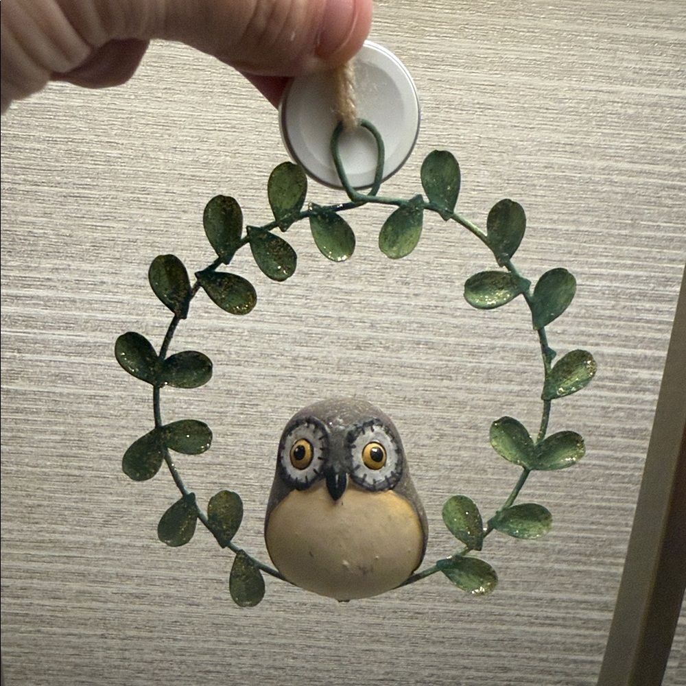 Owl Wood Christmas holiday Ornament with Green Metal Leaf Wreath